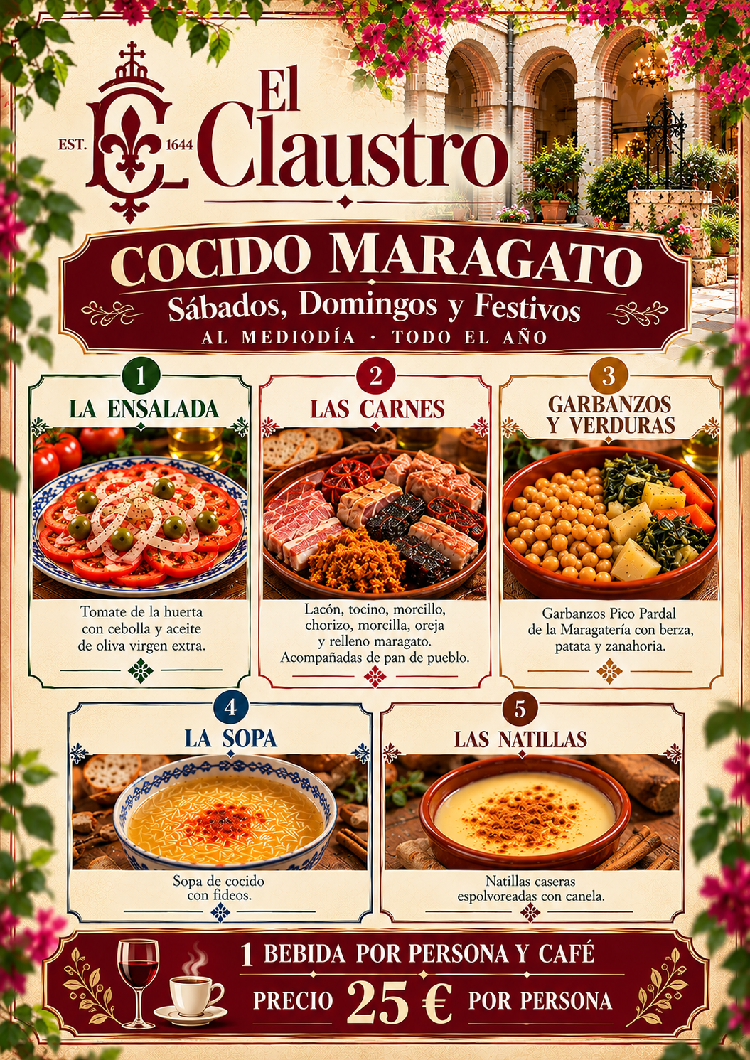 Cartel del Cocido Maragato en El Claustro del Convento de Lillo, sábados, domingos y festivos