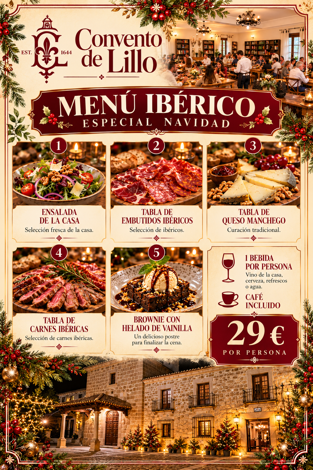Menú Ibérico Especial Navidad del Convento de Lillo, precio 29 euros por persona